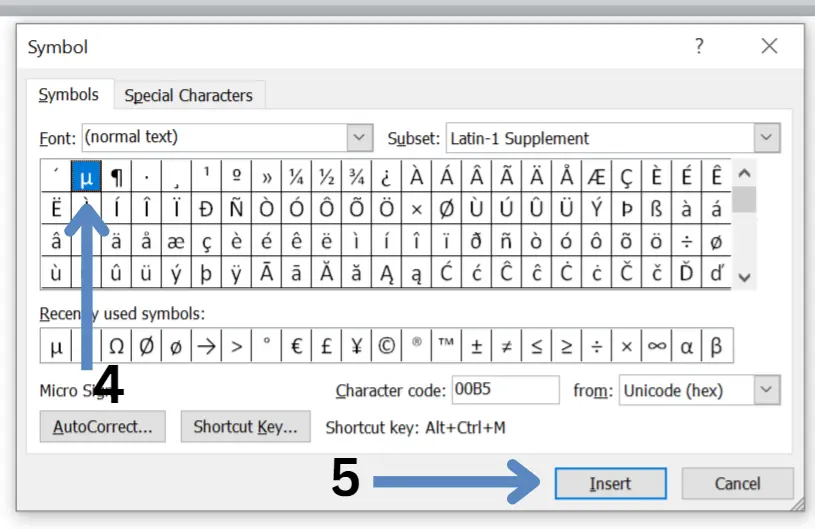 Micro symbol in excel