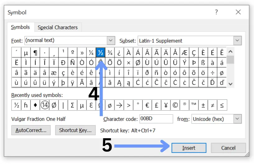 Half sign in Microsoft word