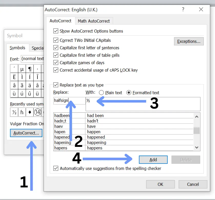 One half fraction sign in excel