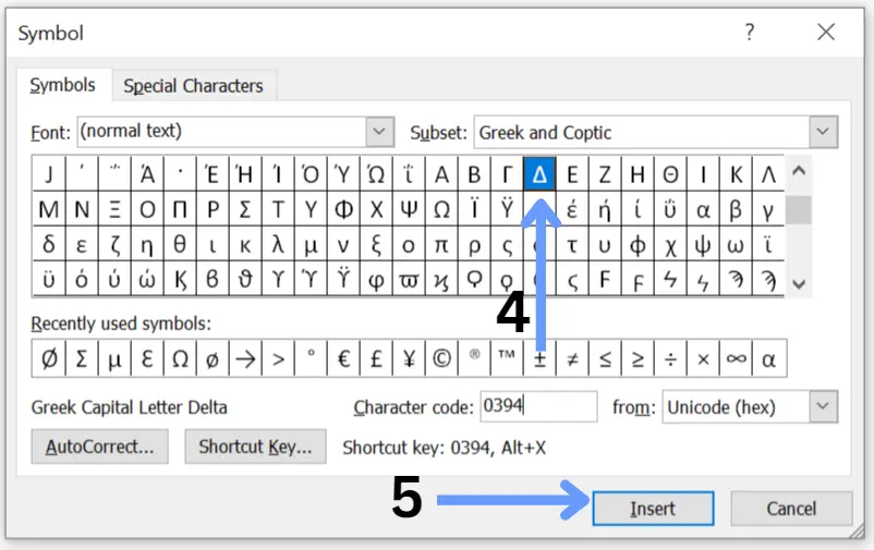 Delta sign in microsoft word