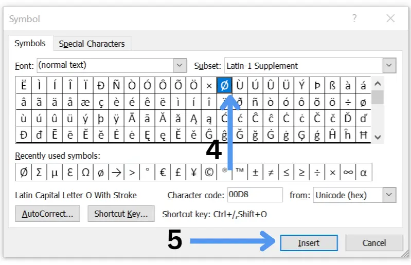 Diameter sign in Microsoft word