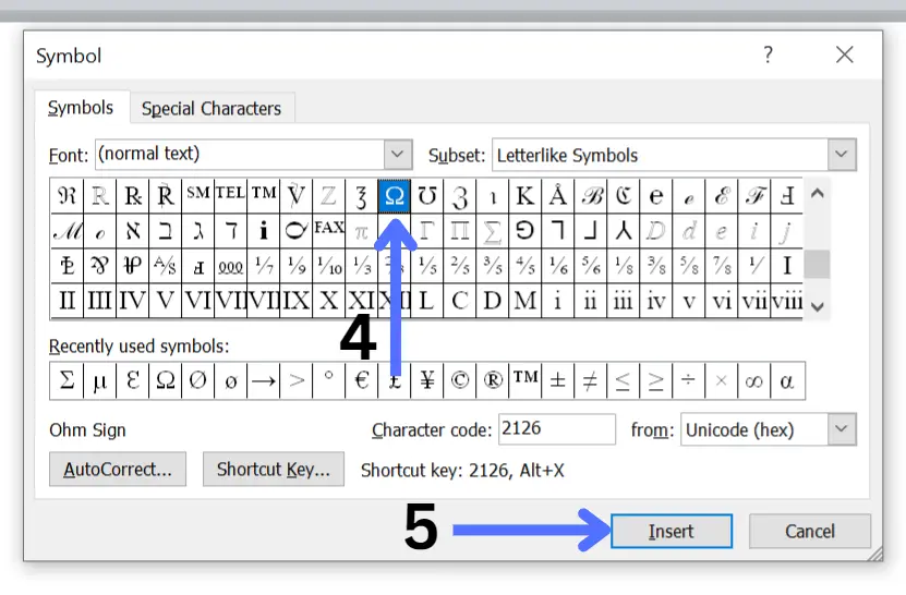 insertohm symbol in word