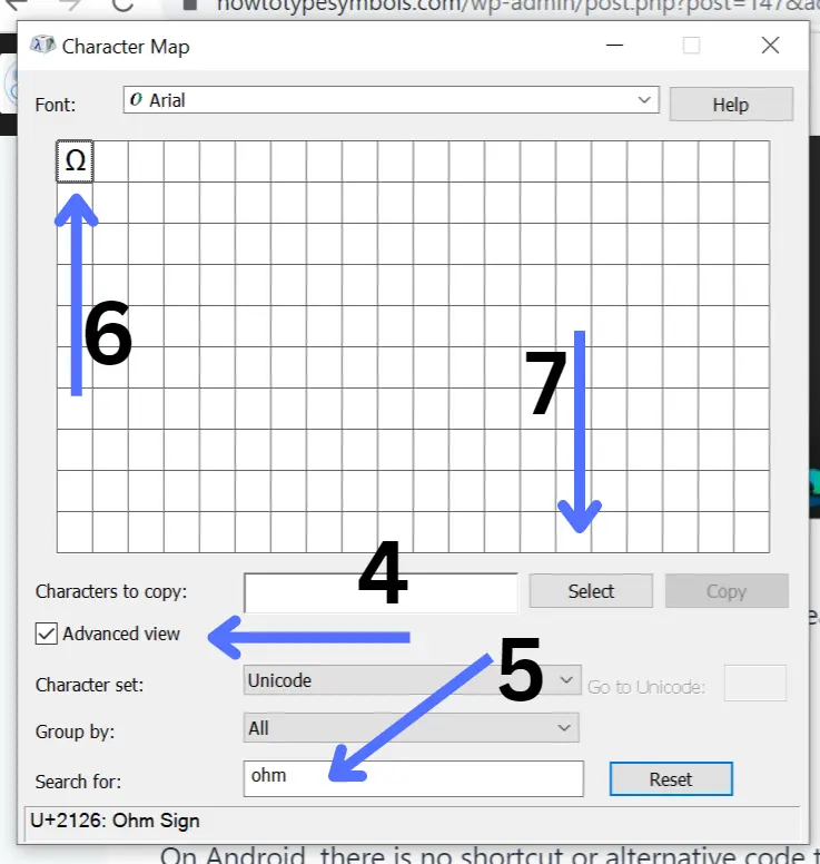 Ohm sign in character map