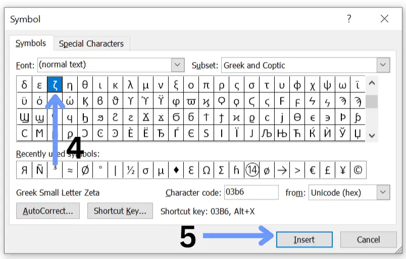 Greek letter zeta in word