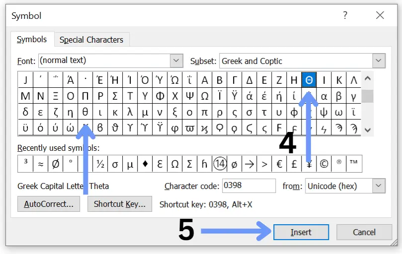 Theta sign in excel