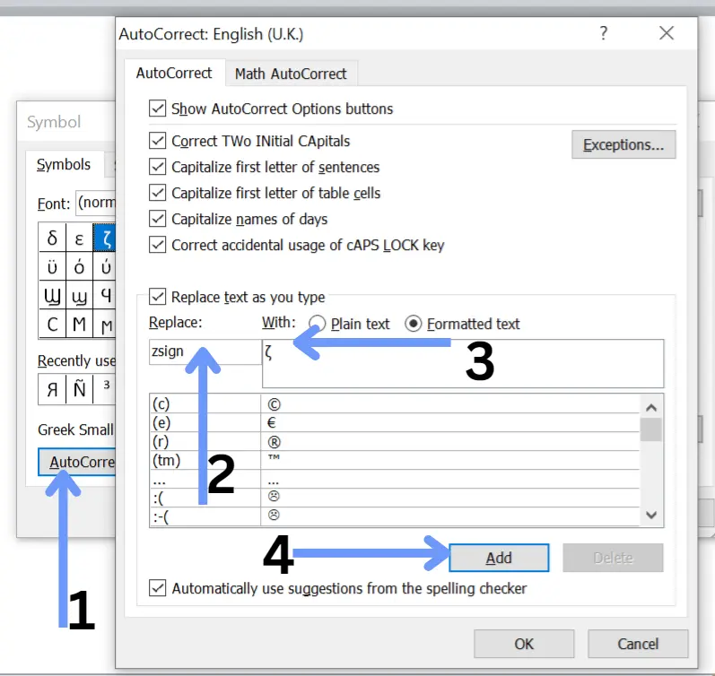 Zeta character in excel