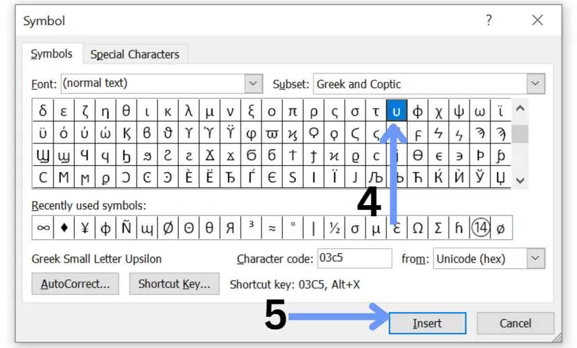 Upsilon sign in excel