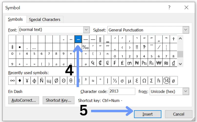 En dash in Microsoft word