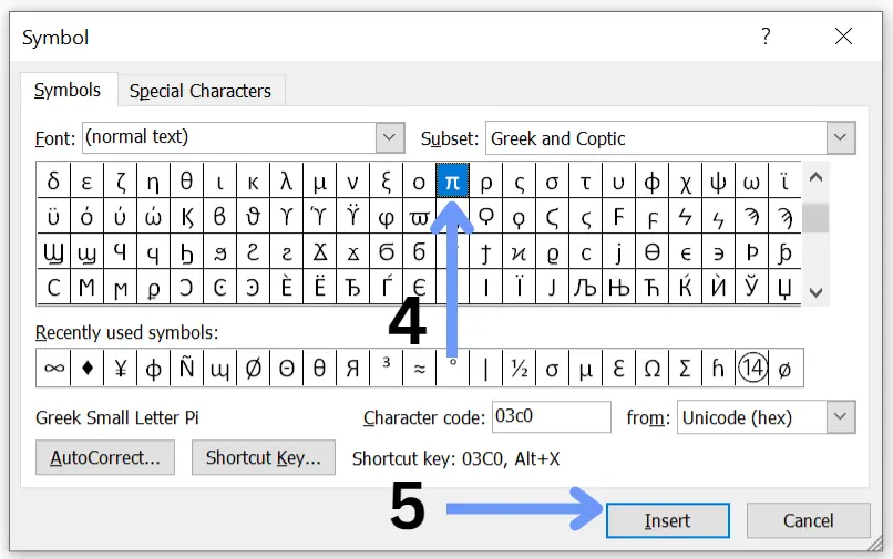 Pi symbol in word