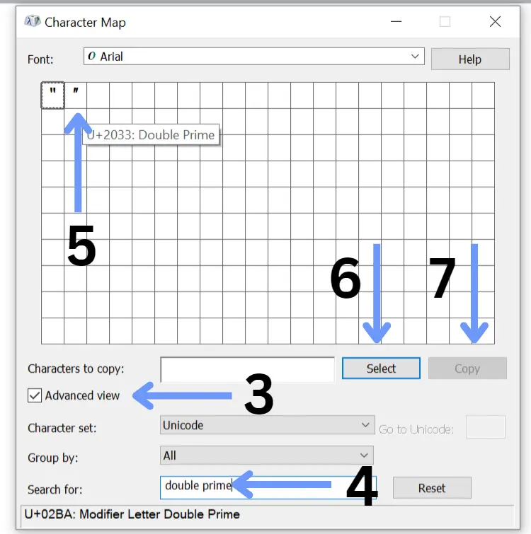 Inch mark in Microsoft windows