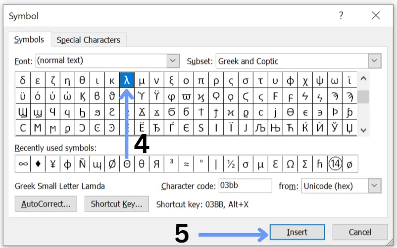 Lambda letter in excel