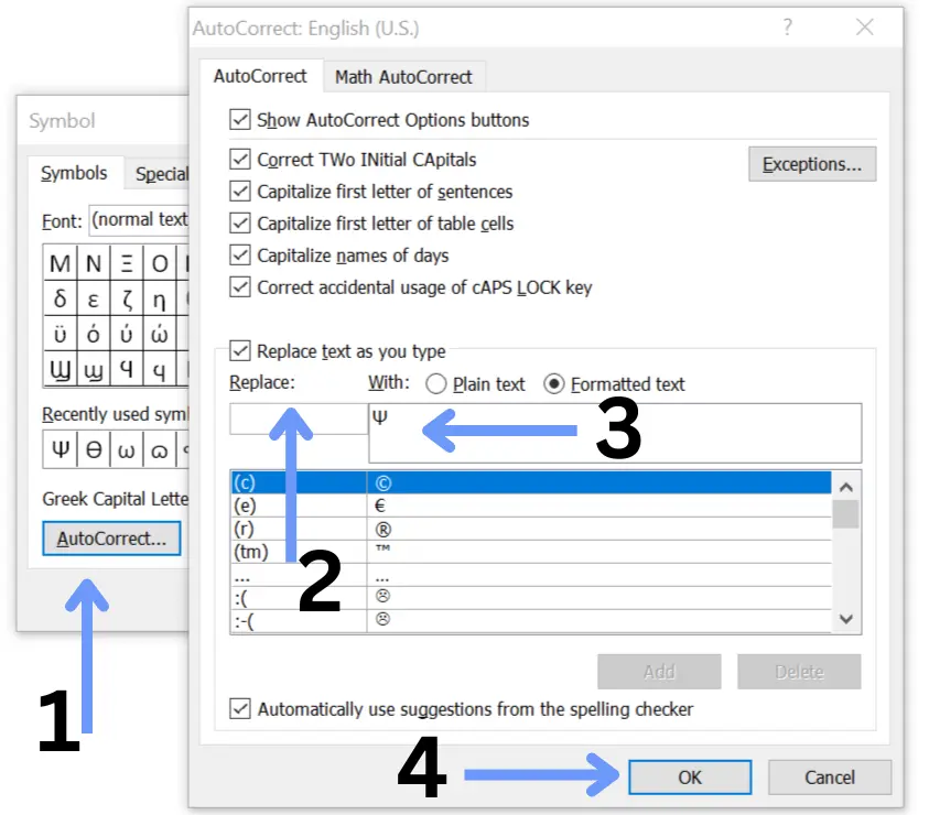 Psi sign in excel