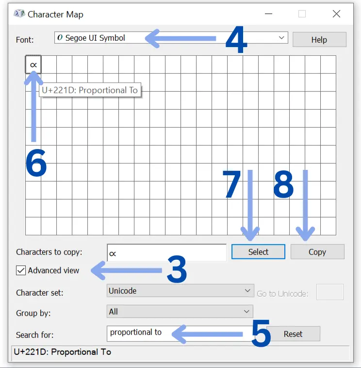 Proportional to in character map