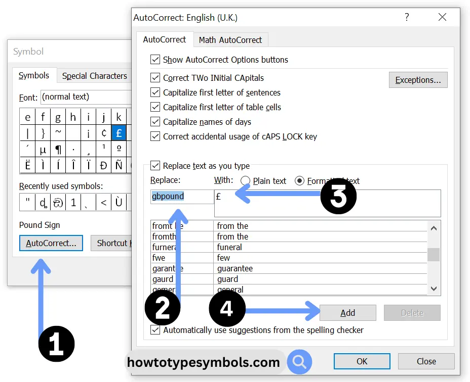 type British pound using autocorrect method